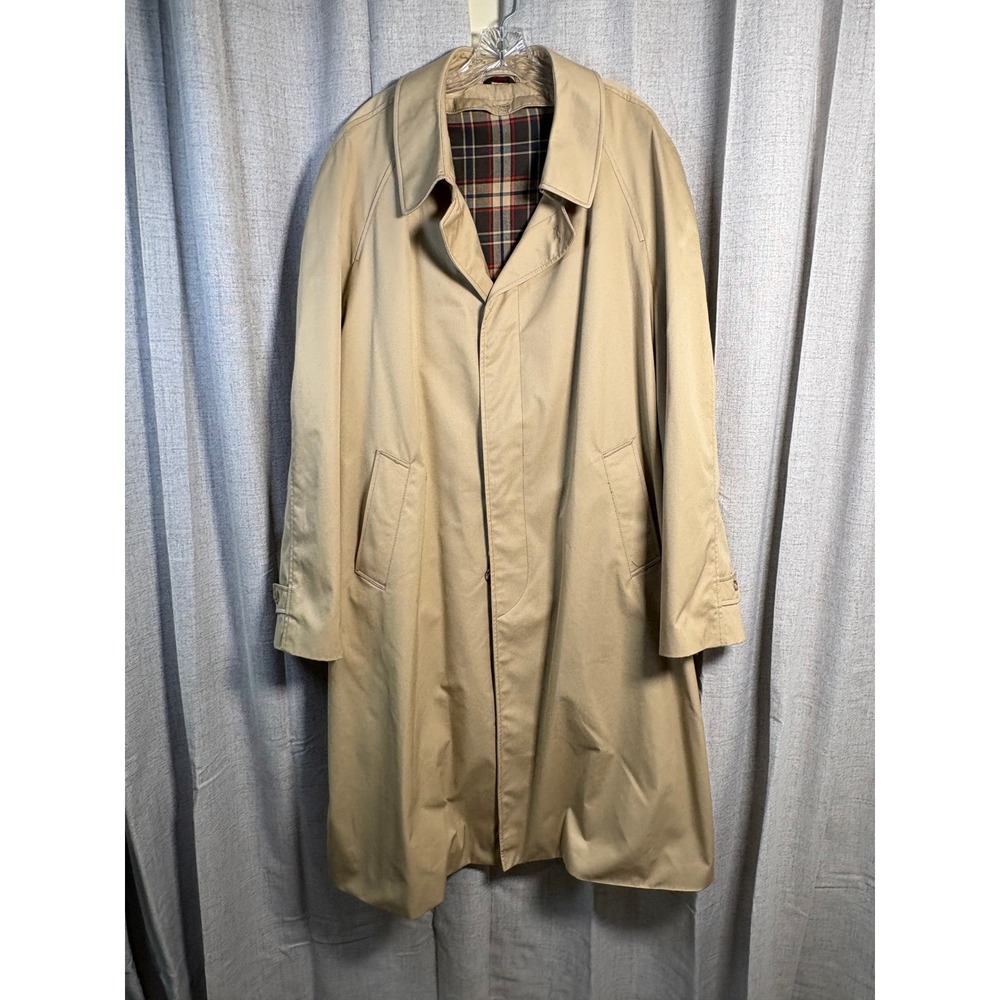 Vintage Tan Trench Coat Mens 44 Long Removable Liner Made in Poland Plaid Lining